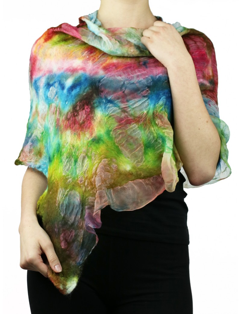 Women's silk poncho, felted with merino wool.