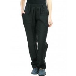Black women's linen pants in a simple and relaxed style, finished with a rubber band.