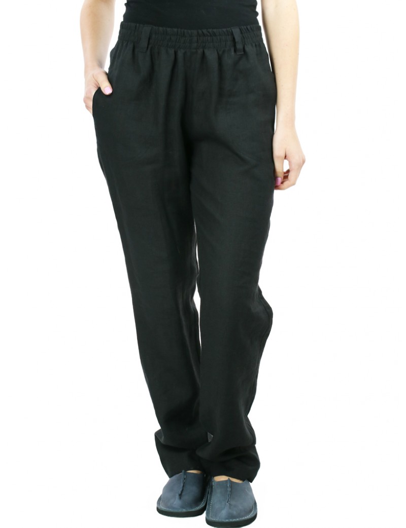 Black women's linen pants in a simple and relaxed style, finished with a rubber band.