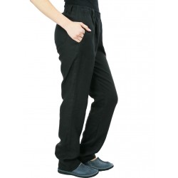 Czarne damskie spodnie z lnu w prostym i luźnym stylu, wykończone paskiem na gumie.