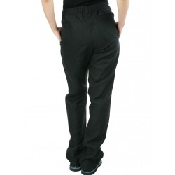 Czarne damskie spodnie z lnu w prostym i luźnym stylu, wykończone paskiem na gumie.