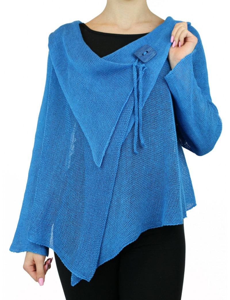 Blue linen sweater made on the "Linen Island" knitting machine