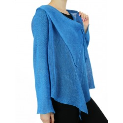 Blue linen sweater made on the "Linen Island" knitting machine