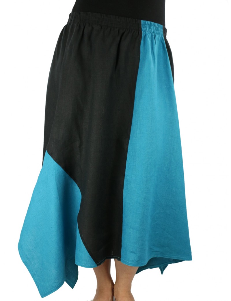 Linen asymmetrical midi skirt, made of pieces of black-turquoise fabric.