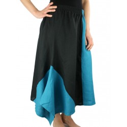 Lniana spódnica asymetryczna midi, uszyta z kawałków tkanin w kolorach czarnoturkusowych.