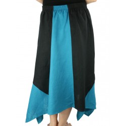 Lniana spódnica asymetryczna midi, uszyta z kawałków tkanin w kolorach czarnoturkusowych.
