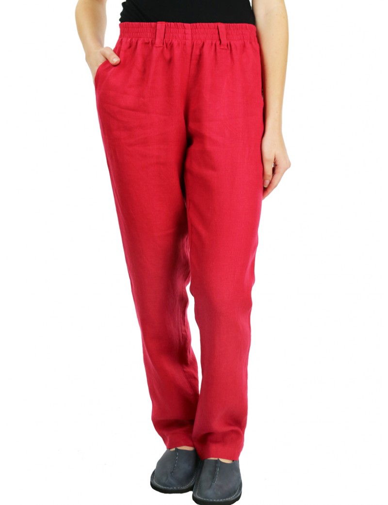 Women's red linen pants in a simple and loose style, finished with a rubber band.