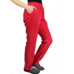 Czerwone damskie spodnie lniane w prostym i luźnym stylu, wykończone paskiem na gumie.