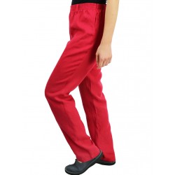 Czerwone damskie spodnie lniane w prostym i luźnym stylu, wykończone paskiem na gumie.