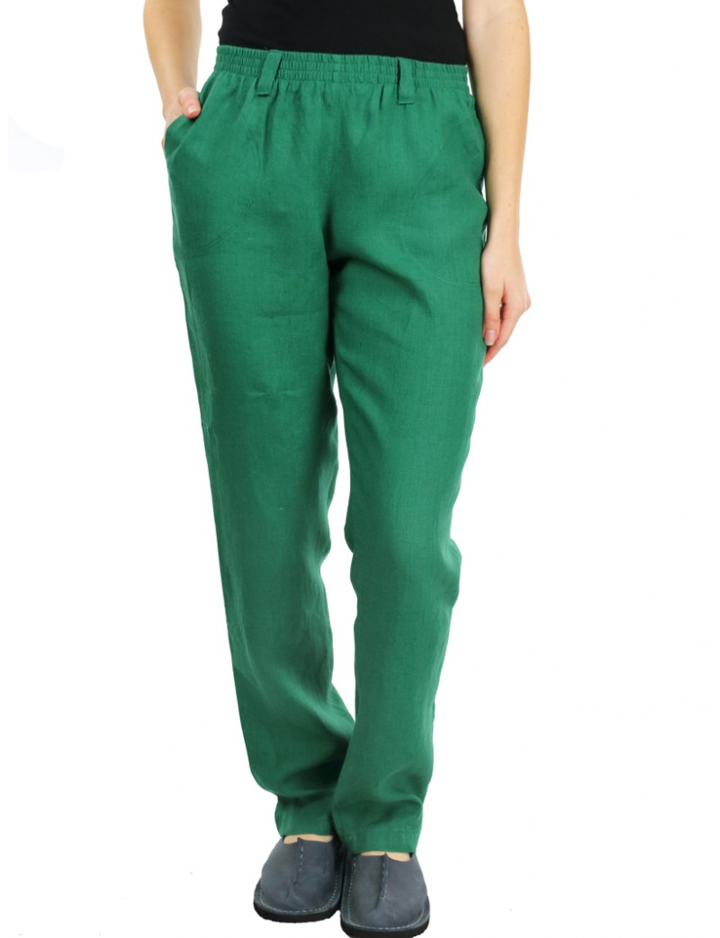 Zielone damskie spodnie z lnu w prostym i luźnym stylu, wykończone paskiem na gumie.