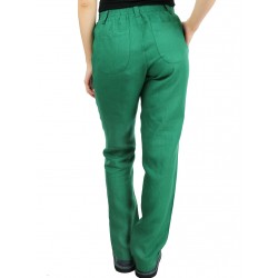 Zielone damskie spodnie z lnu w prostym i luźnym stylu, wykończone paskiem na gumie.