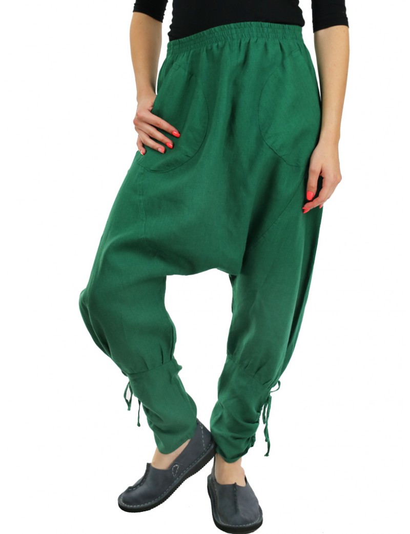Zielone spodnie lniane typu Haremki NP
