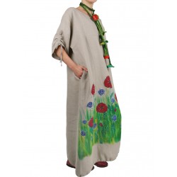 Sukienka oversize uszyta z naturalnego lnu, regulowanym rękawem, ręcznie malowana
