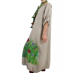 Oversize dress made of natural linen, with adjustable sleeves, hand-painted