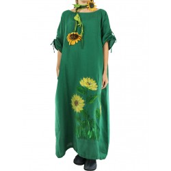 Green linen oversize dress with adjustable sleeves, hand-painted