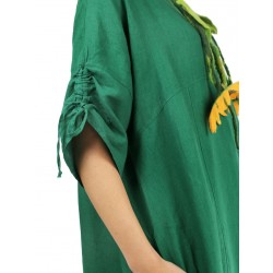 Zielona sukienka lniana oversize z regulowanym rękawem, ręcznie malowana