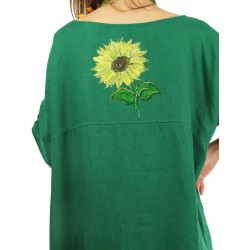 Green linen oversize dress with adjustable sleeves, hand-painted