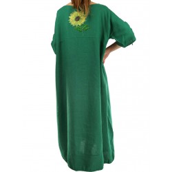 Zielona sukienka lniana oversize z regulowanym rękawem, ręcznie malowana