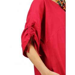 Czerwona lniana sukienka oversize z regulowanym rękawem, ręcznie malowana