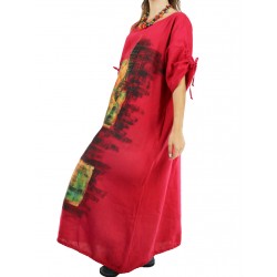 Hand painted red linen dress with adjustable sleeves