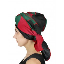 Turban damski na głowę uszyty z lnianej patchworkowej tkaniny