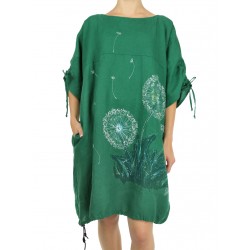 Ręcznie malowana zielona lniana sukienka oversize NP z regulowanym rękawem