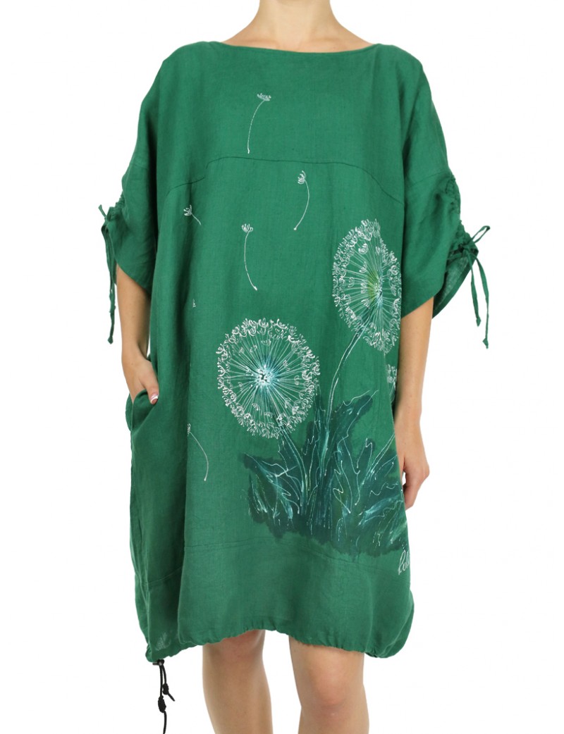 Ręcznie malowana zielona lniana sukienka oversize NP z regulowanym rękawem