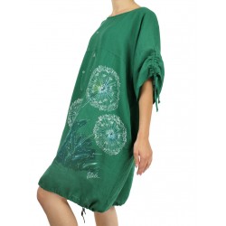 Hand-painted green linen oversize NP dress with adjustable sleeves