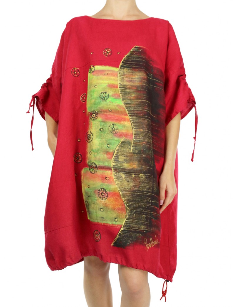 Hand-painted red linen oversize dress