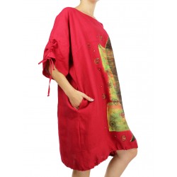 Ręcznie malowana czerwona lniana sukienka oversize