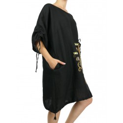 Ręcznie malowana czarna lniana sukienka oversize NP z regulowanym rękawem