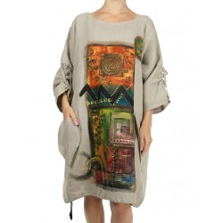 Ręcznie malowana lniana sukienka oversize NP z regulowanym rękawem