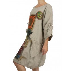 Ręcznie malowana lniana sukienka oversize NP z regulowanym rękawem