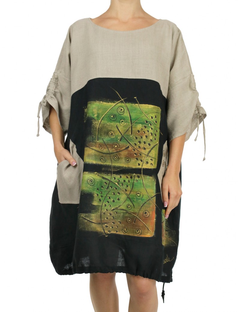 Hand-painted two-color linen oversize NP dress with adjustable sleeves