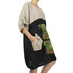 Ręcznie malowana dwukolorowa lniana sukienka oversize NP z regulowanym rękawem