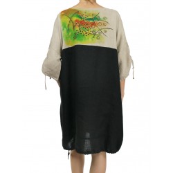 Ręcznie malowana dwukolorowa lniana sukienka oversize NP z regulowanym rękawem