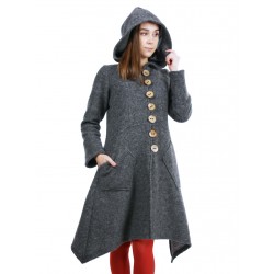 Short gray women's coat with a hood made of steamed wool.