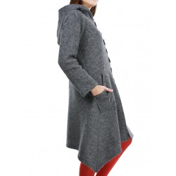 Short gray women's coat with a hood made of steamed wool.
