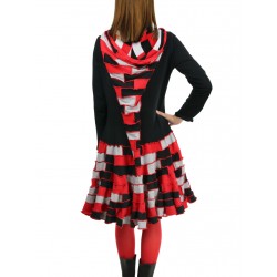 A short patchwork dress with a decorative hood made of knitted cotton.