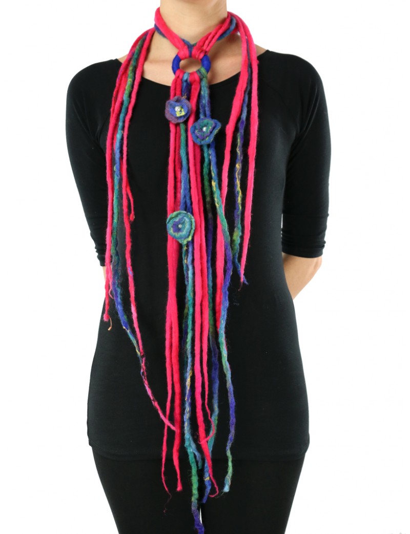 Multicolored necklace made of felt cord dreadlocks