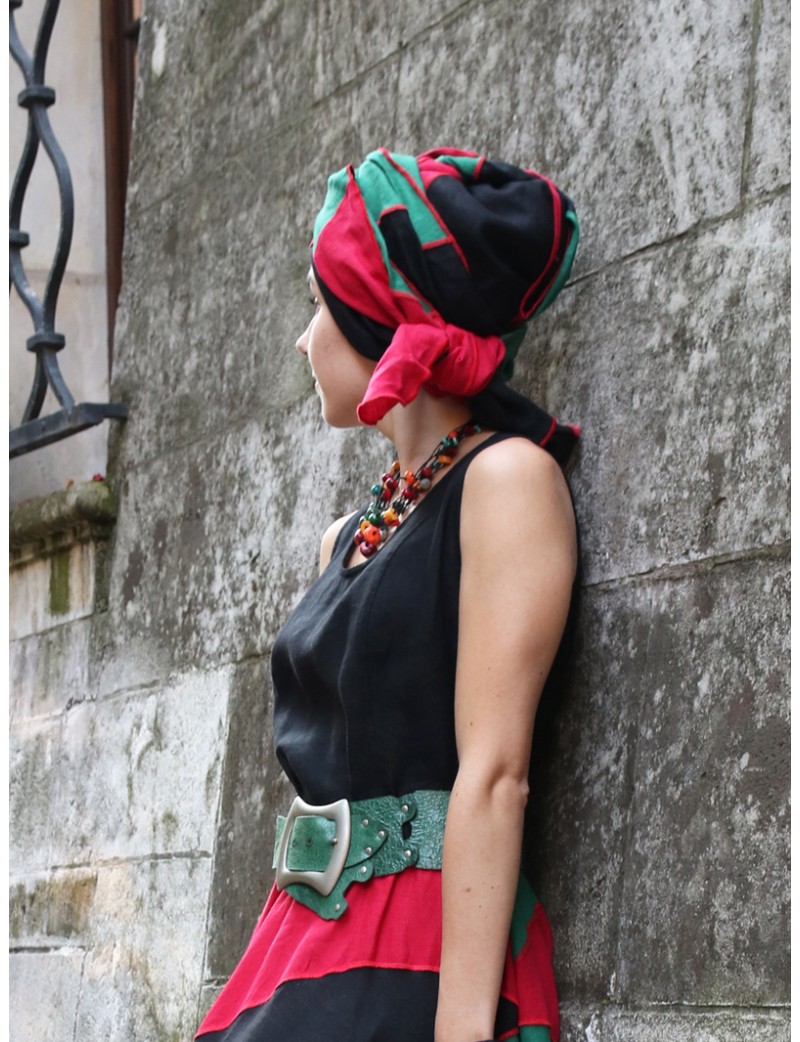 Turban damski na głowę uszyty z lnianej patchworkowej tkaniny