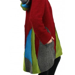 Short wool coat with a hood, made in the form of patchwork.