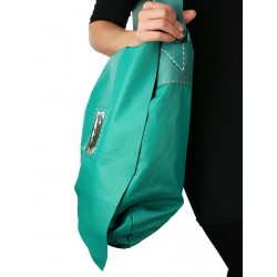 Large hand-sewn leather handbag in turquoise color