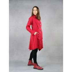 Women's red linen coat with a stand-up collar.
