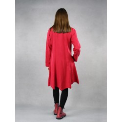 Women's red linen coat with a stand-up collar.