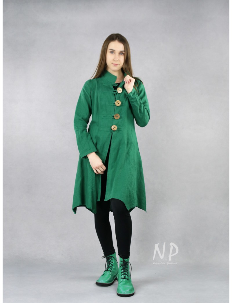 Women's green linen coat fastened with buttons.