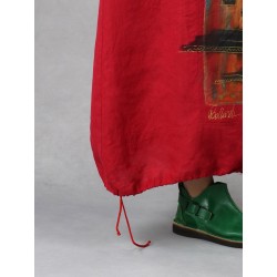 Długa czerwona sukienka lniana oversize, ręcznie malowana.