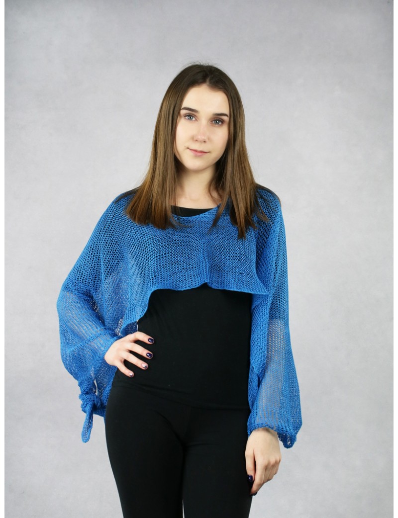 Women's multifunctional blue knitted linen scarf.