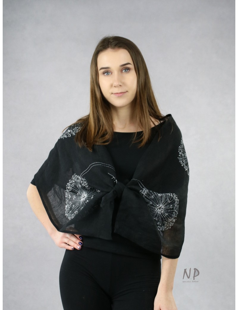 Black linen scarf, hand-painted with poppies.