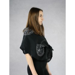 Black linen scarf, hand-painted with poppies.